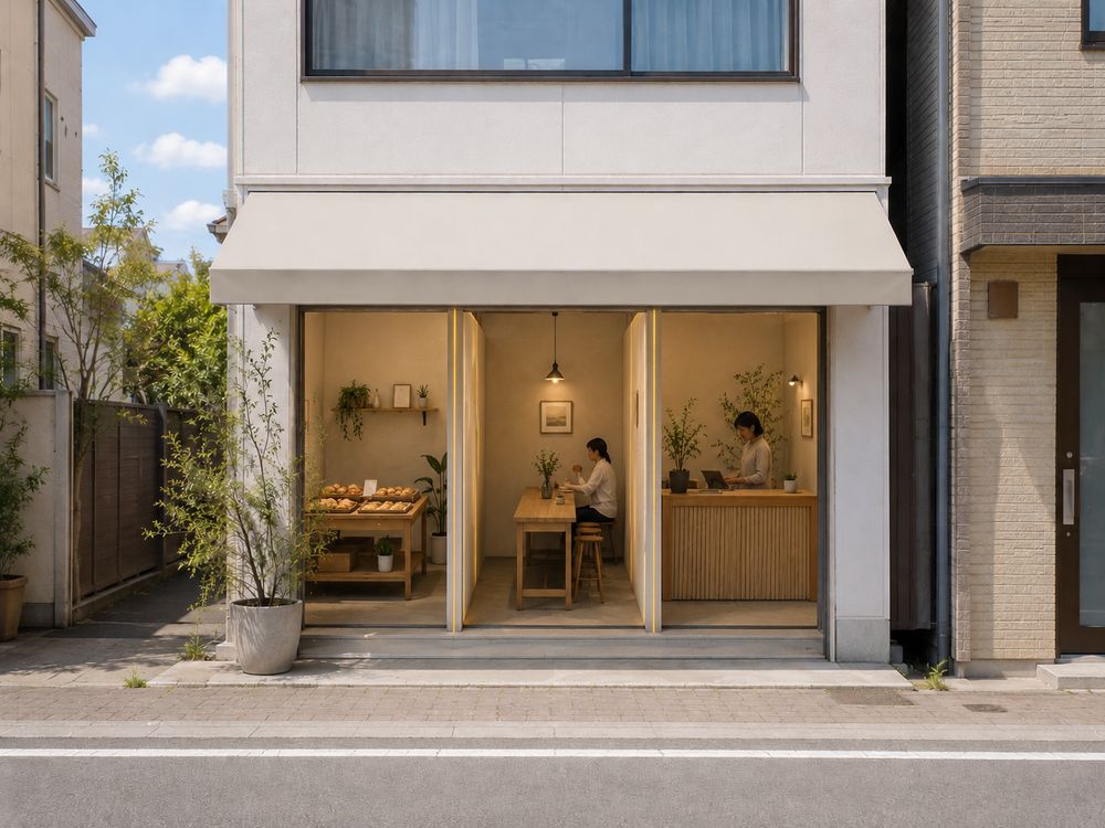 同じ店舗が開き、三つの小区画に分かれて焼き菓子・作業台・カウンターとして使われている。
