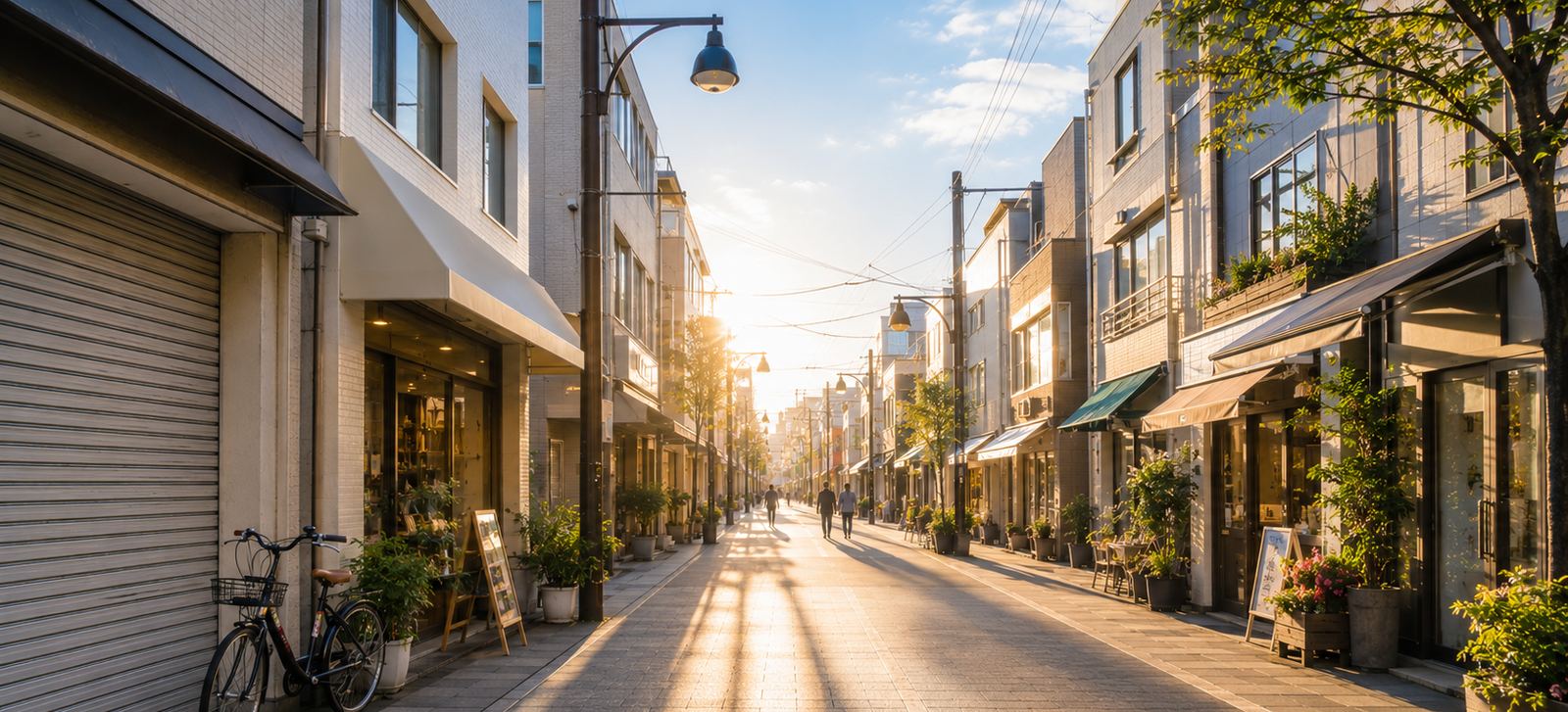 朝の商店街。開いている店の並びに、シャッターの下りた区画がひとつある。